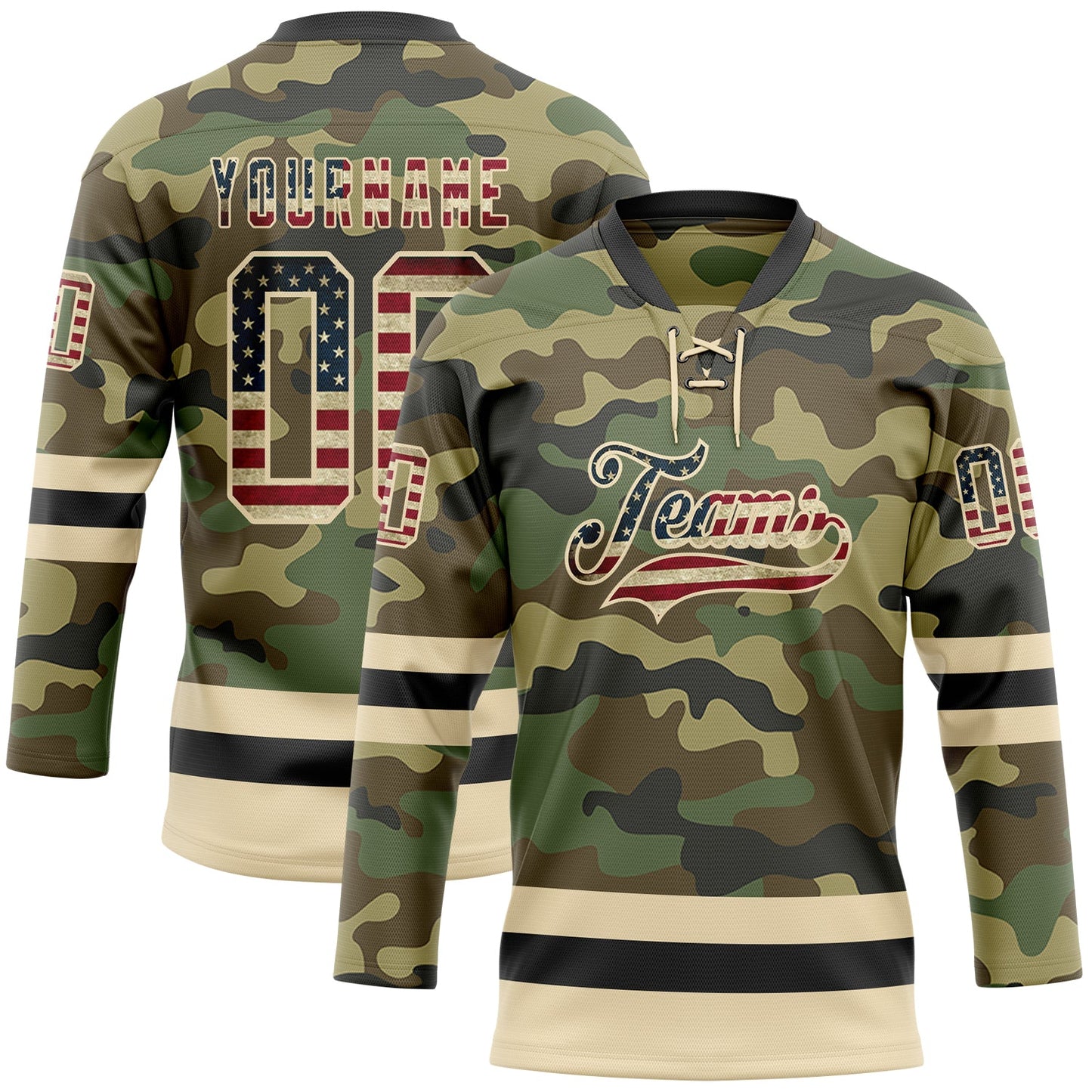 Custom Camo Vintage USA Flag Cream-Black Salute To Service Hockey Lace Neck Jersey - Sky-Custom