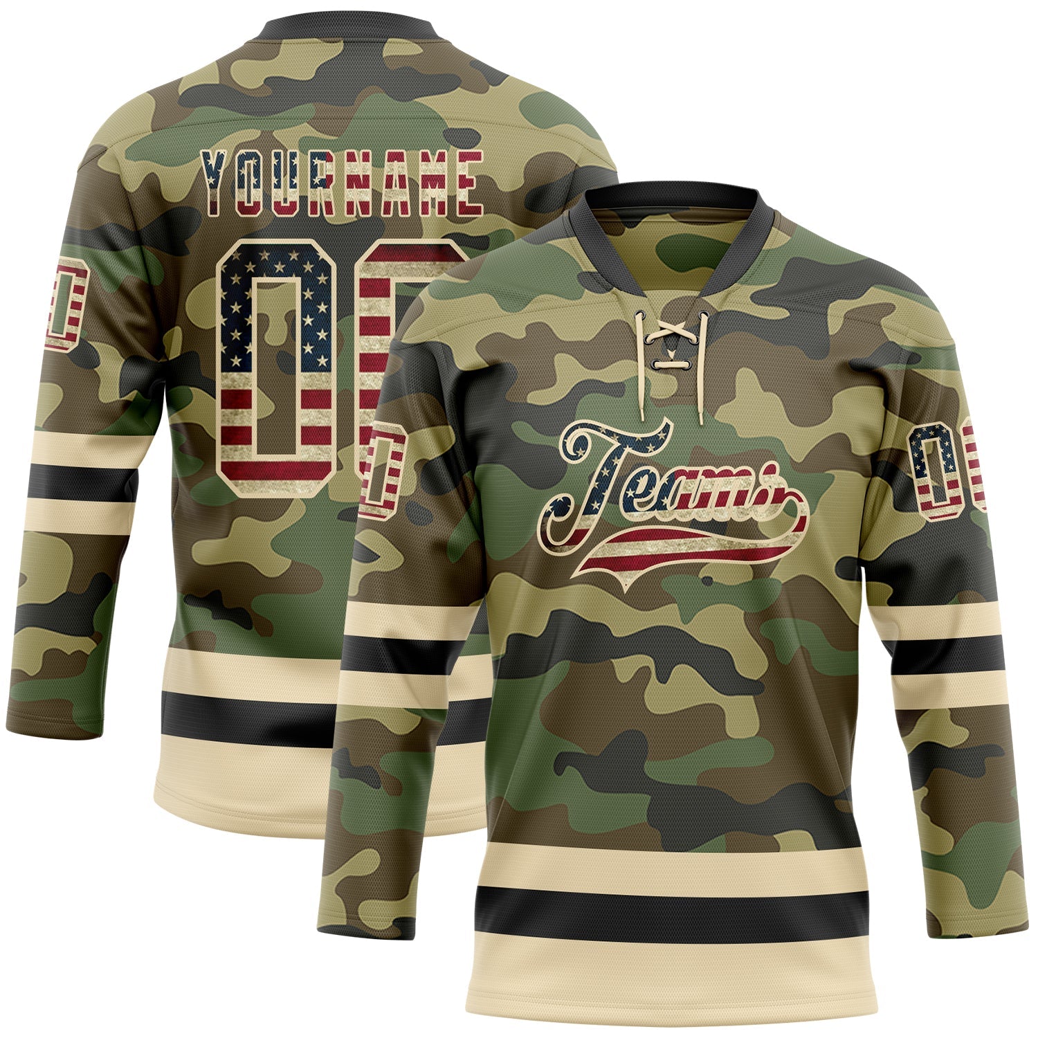 Custom Camo Vintage USA Flag Cream-Black Salute To Service Hockey Lace Neck Jersey - Sky-Custom