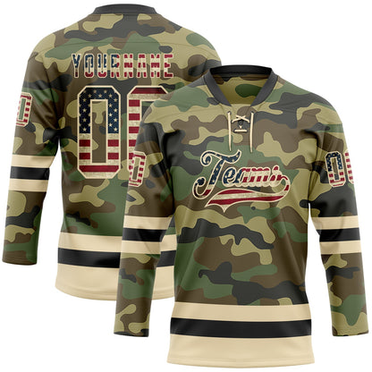 Custom Camo Vintage USA Flag Cream-Black Salute To Service Hockey Lace Neck Jersey - Sky-Custom