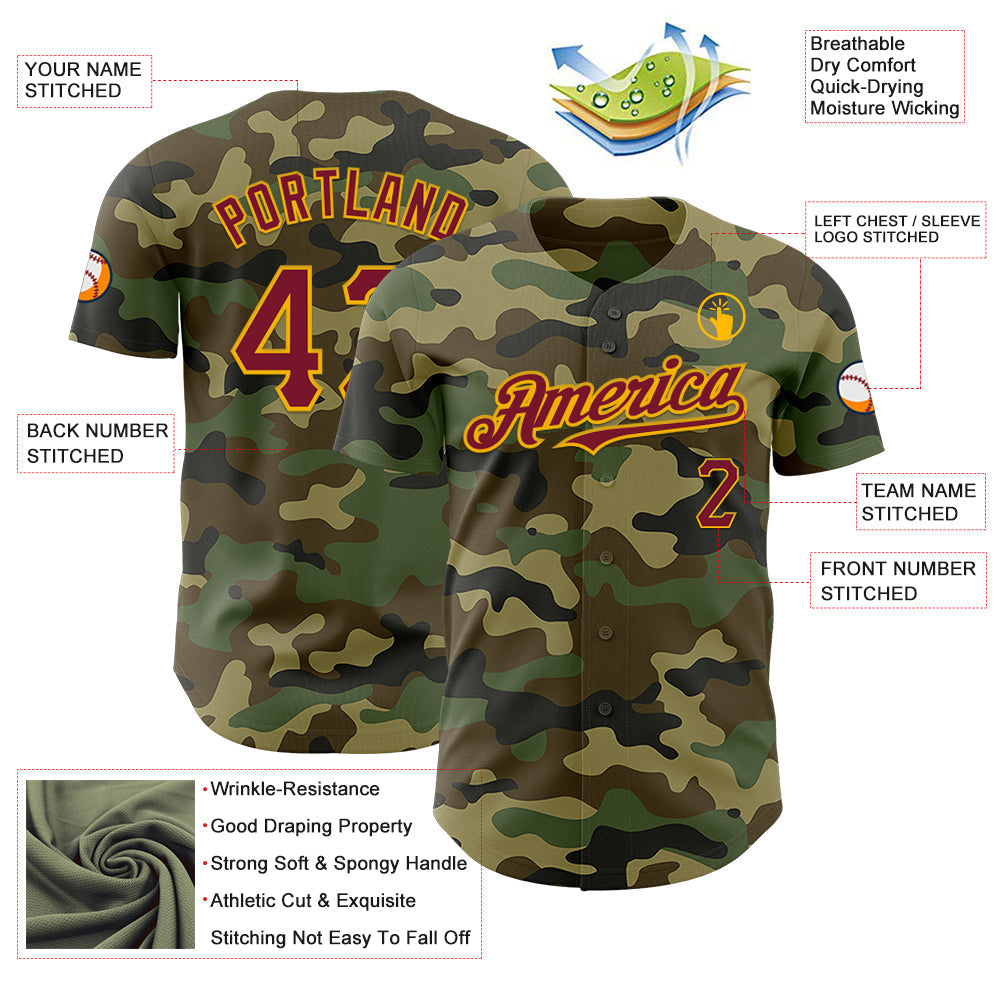 Custom Camo Crimson-Gold Authentic Salute To Service Baseball Jersey - Sky-Custom