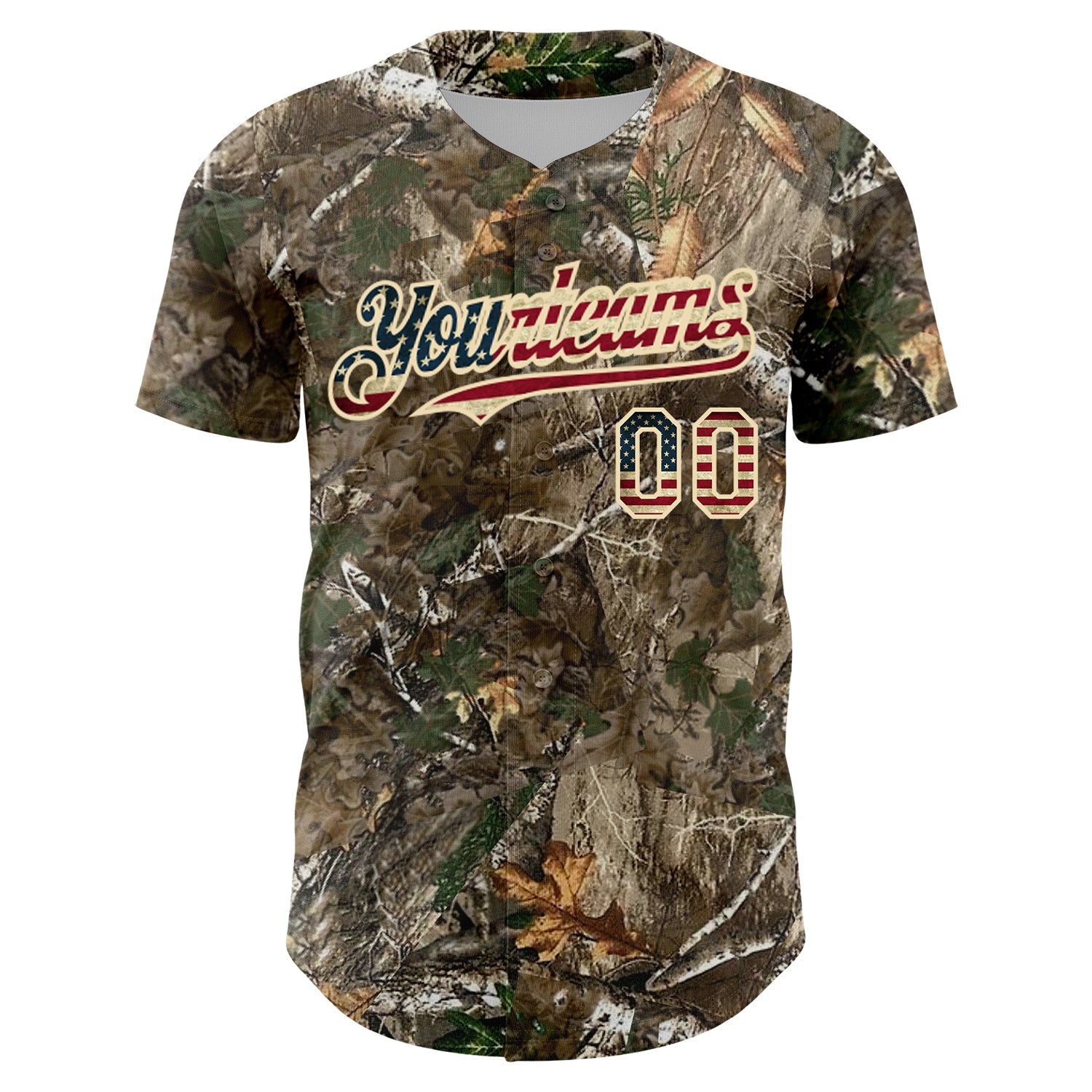 Custom Camo Vintage USA Flag-Cream 3D Woodland Camo Authentic Salute To Service Baseball Jersey - Sky-Custom
