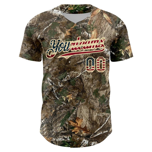Custom Camo Vintage USA Flag-Cream 3D Woodland Camo Authentic Salute To Service Baseball Jersey - Sky-Custom