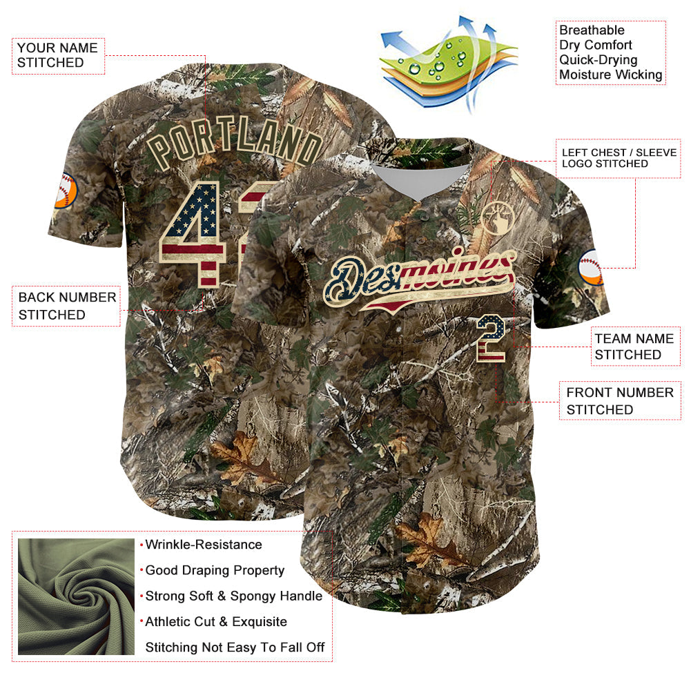 Custom Camo Vintage USA Flag-Cream 3D Woodland Camo Authentic Salute To Service Baseball Jersey - Sky-Custom