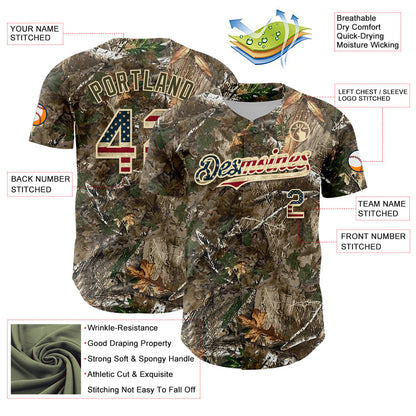 Custom Camo Vintage USA Flag-Cream 3D Woodland Camo Authentic Salute To Service Baseball Jersey - Sky-Custom