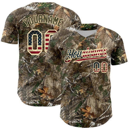 Custom Camo Vintage USA Flag-Cream 3D Woodland Camo Authentic Salute To Service Baseball Jersey - Sky-Custom