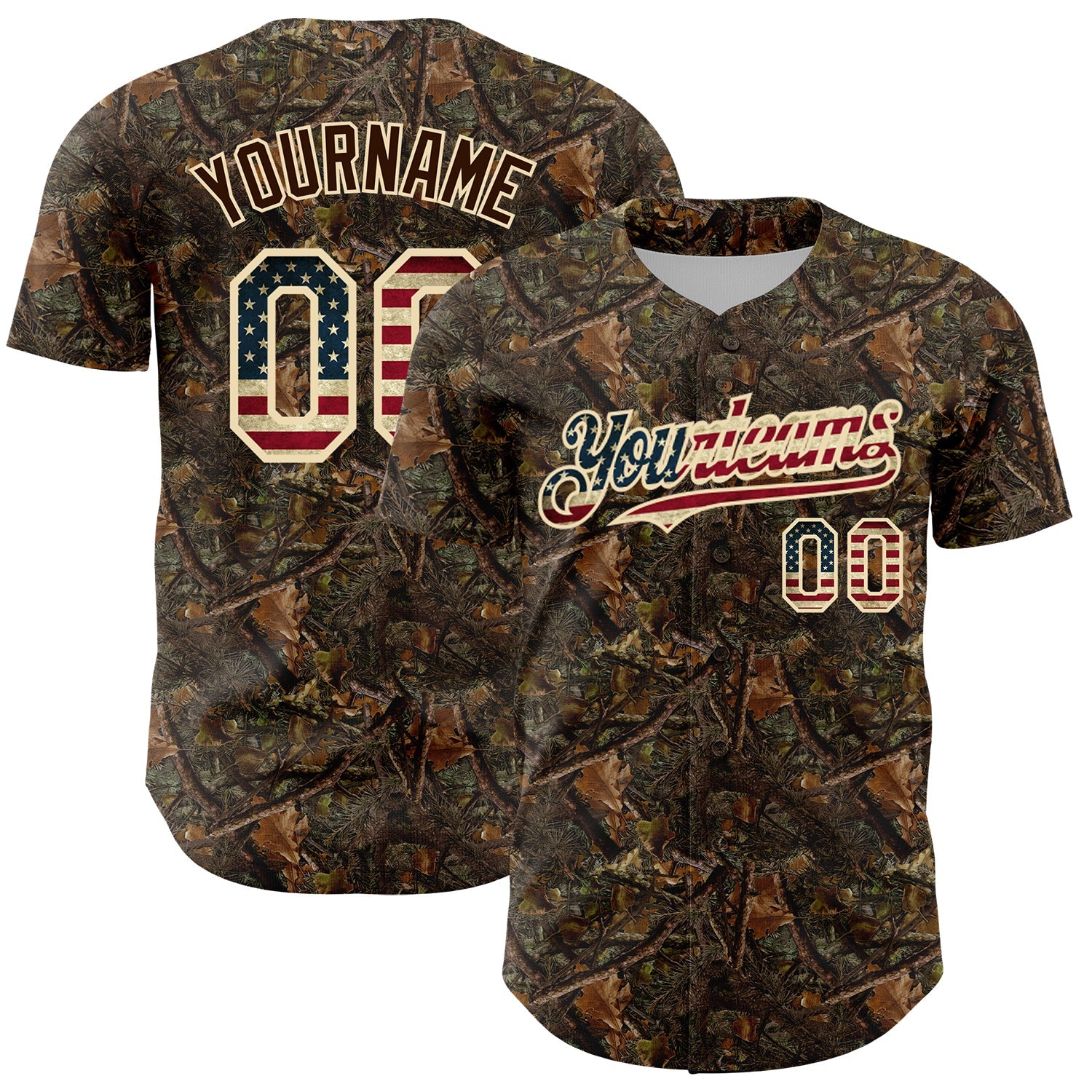 Custom Camo Vintage USA Flag-Cream 3D Woodland Camo Authentic Salute To Service Baseball Jersey - Sky-Custom