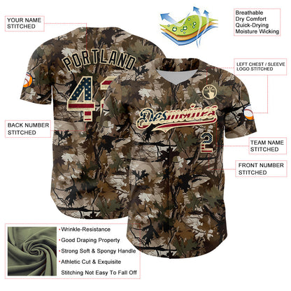 Custom Camo Vintage USA Flag-Cream 3D Woodland Camo Authentic Salute To Service Baseball Jersey - Sky-Custom