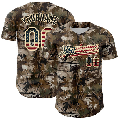 Custom Camo Vintage USA Flag-Cream 3D Woodland Camo Authentic Salute To Service Baseball Jersey - Sky-Custom