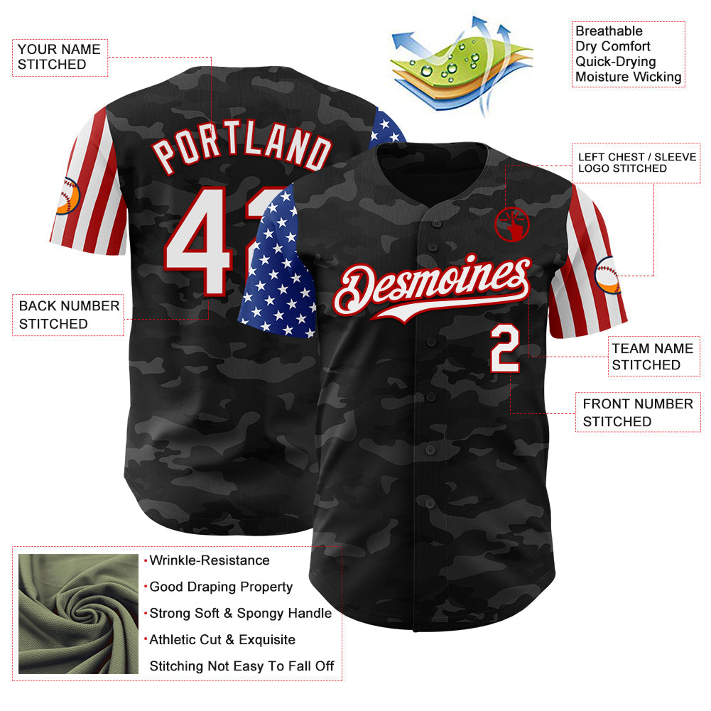 Custom Camo White-Red 3D American Flag Authentic Salute To Service Baseball Jersey - Sky-Custom