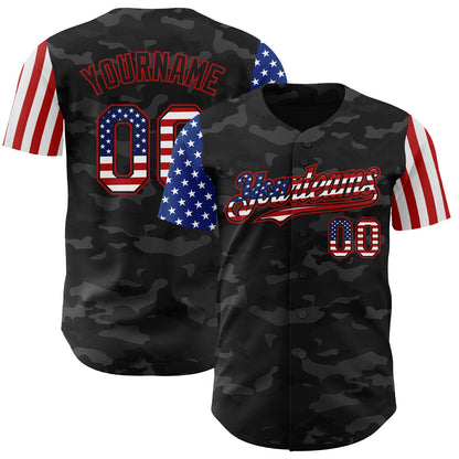Custom Camo USA Flag Black-Red 3D Authentic Salute To Service Baseball Jersey - Sky-Custom