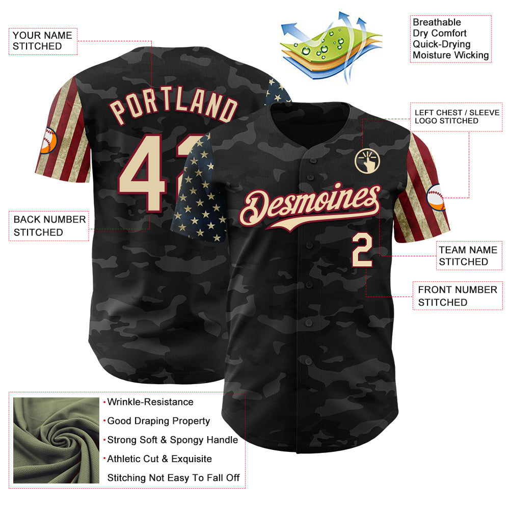 Custom Camo Cream-Crimson 3D American Flag Authentic Salute To Service Baseball Jersey - Sky-Custom