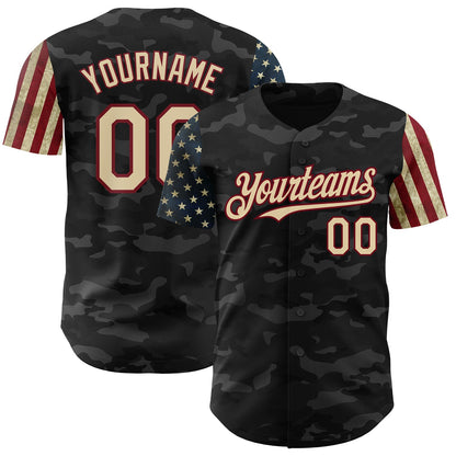 Custom Camo Cream-Crimson 3D American Flag Authentic Salute To Service Baseball Jersey - Sky-Custom