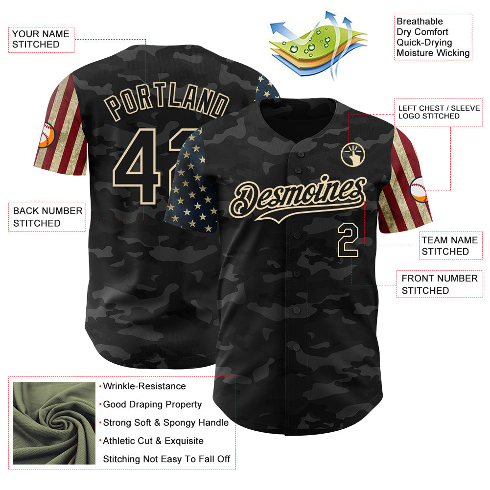 Custom Camo Black-Cream 3D American Flag Authentic Salute To Service Baseball Jersey - Sky-Custom