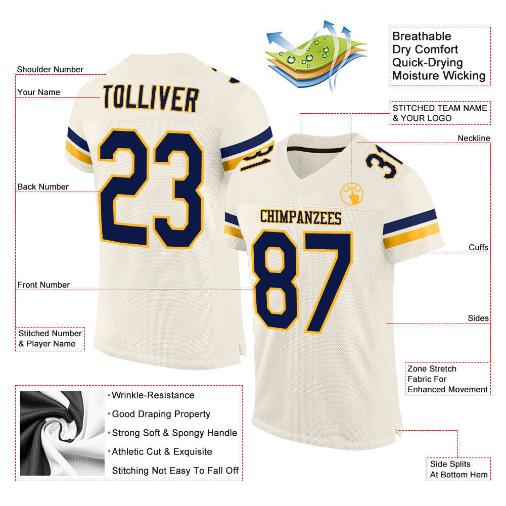 Custom Cream Navy-Gold Mesh Authentic Football Jersey - Sky-Custom