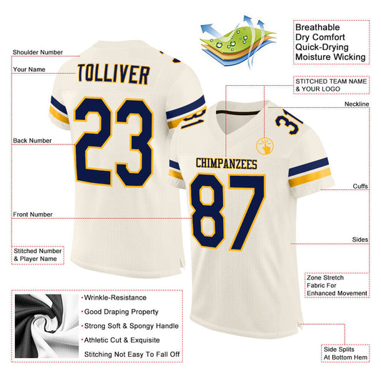 Custom Cream Navy-Gold Mesh Authentic Football Jersey - Sky-Custom