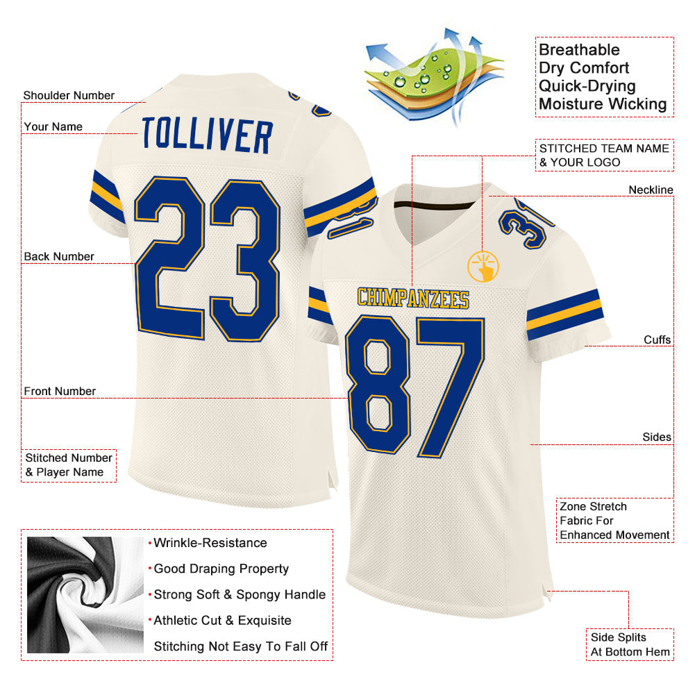 Custom Cream Royal-Gold Mesh Authentic Football Jersey - Sky-Custom