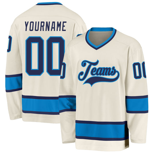 Custom Cream Navy-Blue Hockey Jersey - Sky-Custom