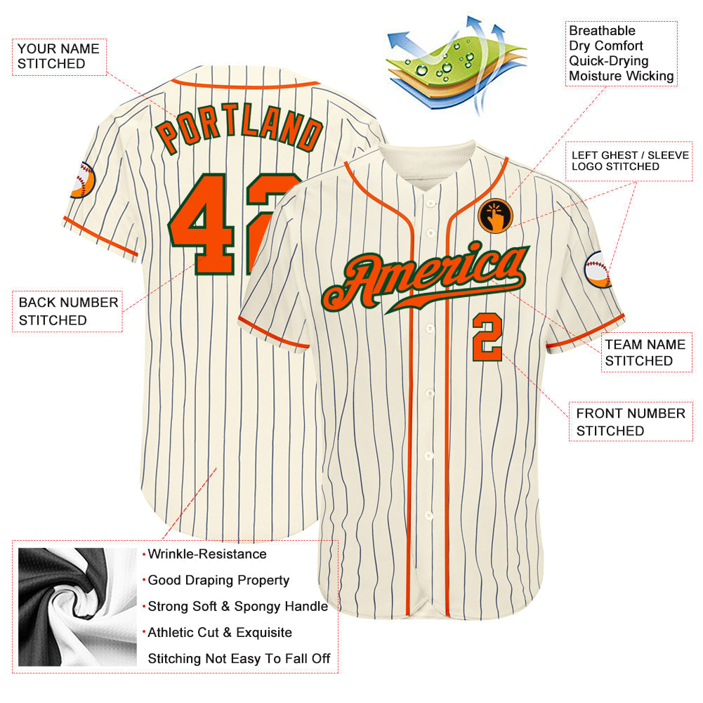 Custom Cream Navy Pinstripe Orange-Green Authentic Baseball Jersey - Sky-Custom
