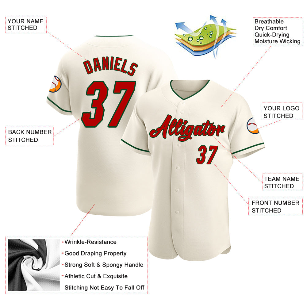 Custom Cream Red-Green Authentic Baseball Jersey - Sky-Custom