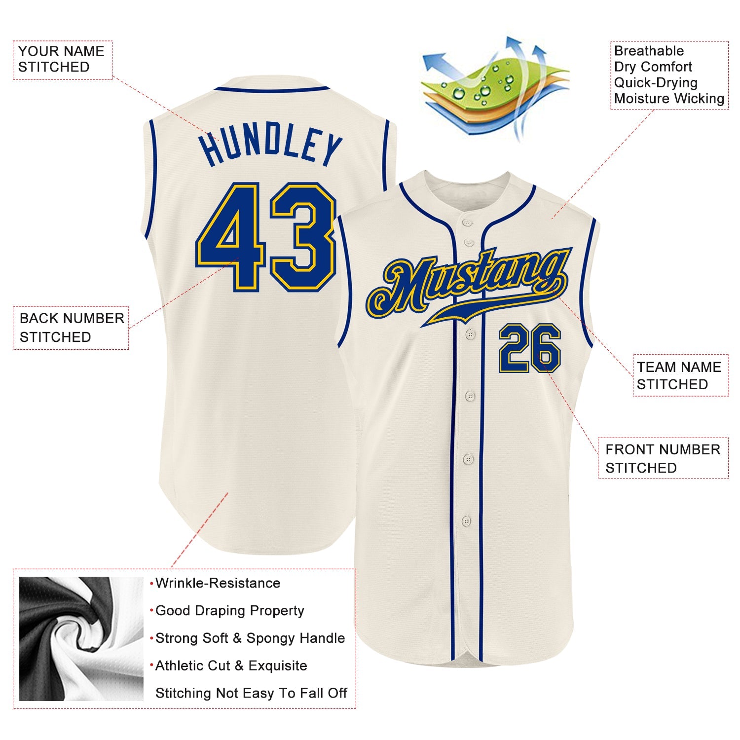 Custom Cream Royal-Gold Authentic Sleeveless Baseball Jersey - Sky-Custom