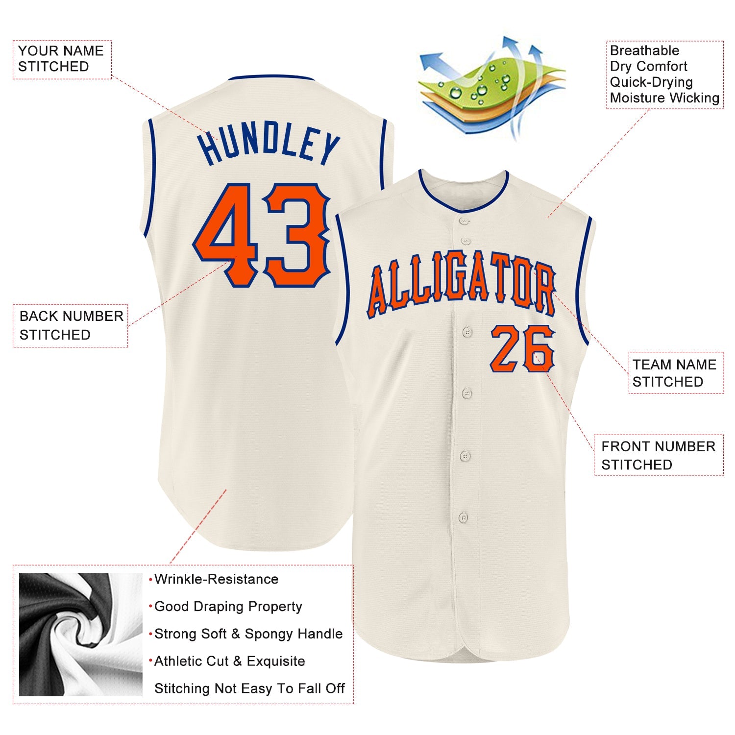 Custom Cream Orange-Royal Authentic Sleeveless Baseball Jersey - Sky-Custom