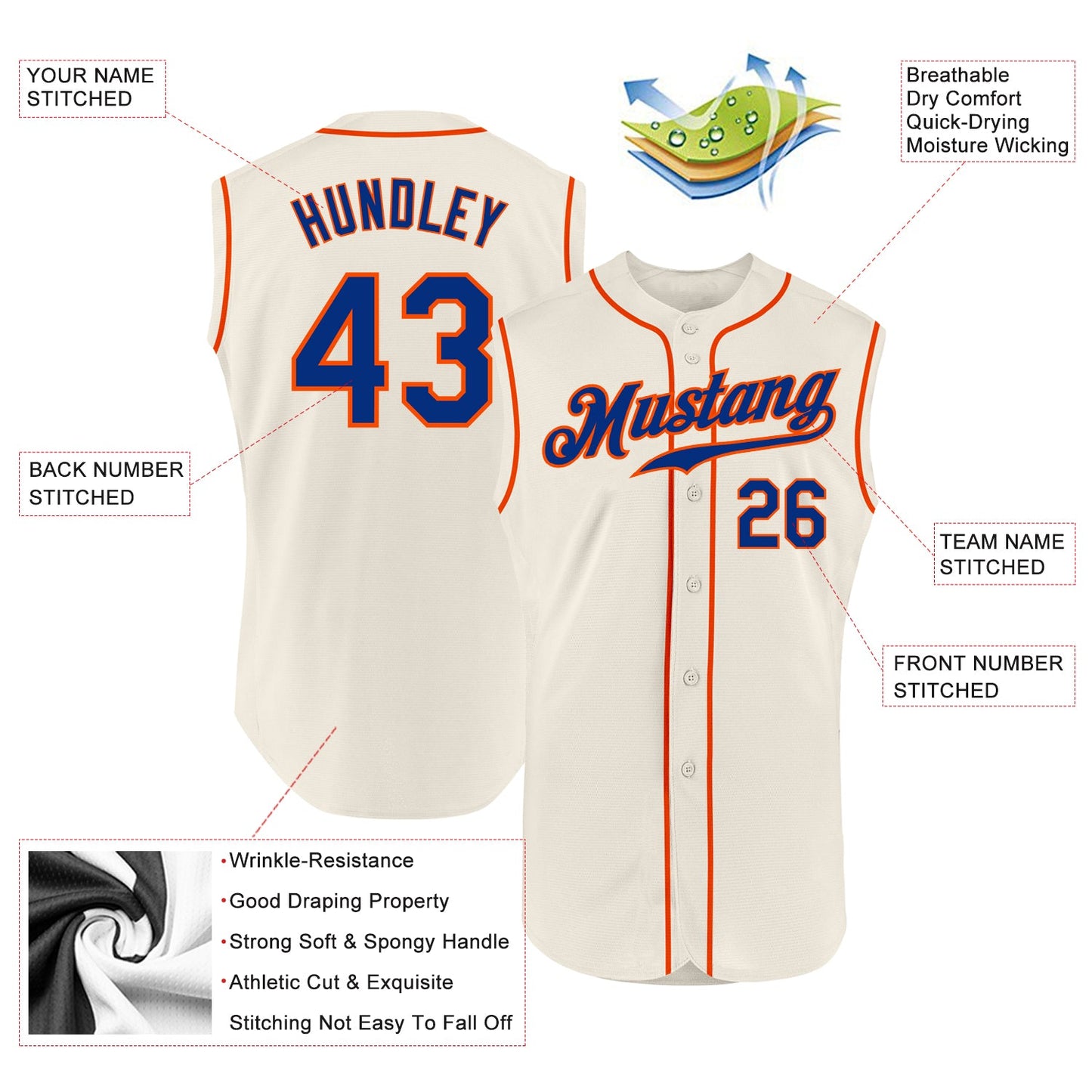 Custom Cream Royal-Orange Authentic Sleeveless Baseball Jersey - Sky-Custom