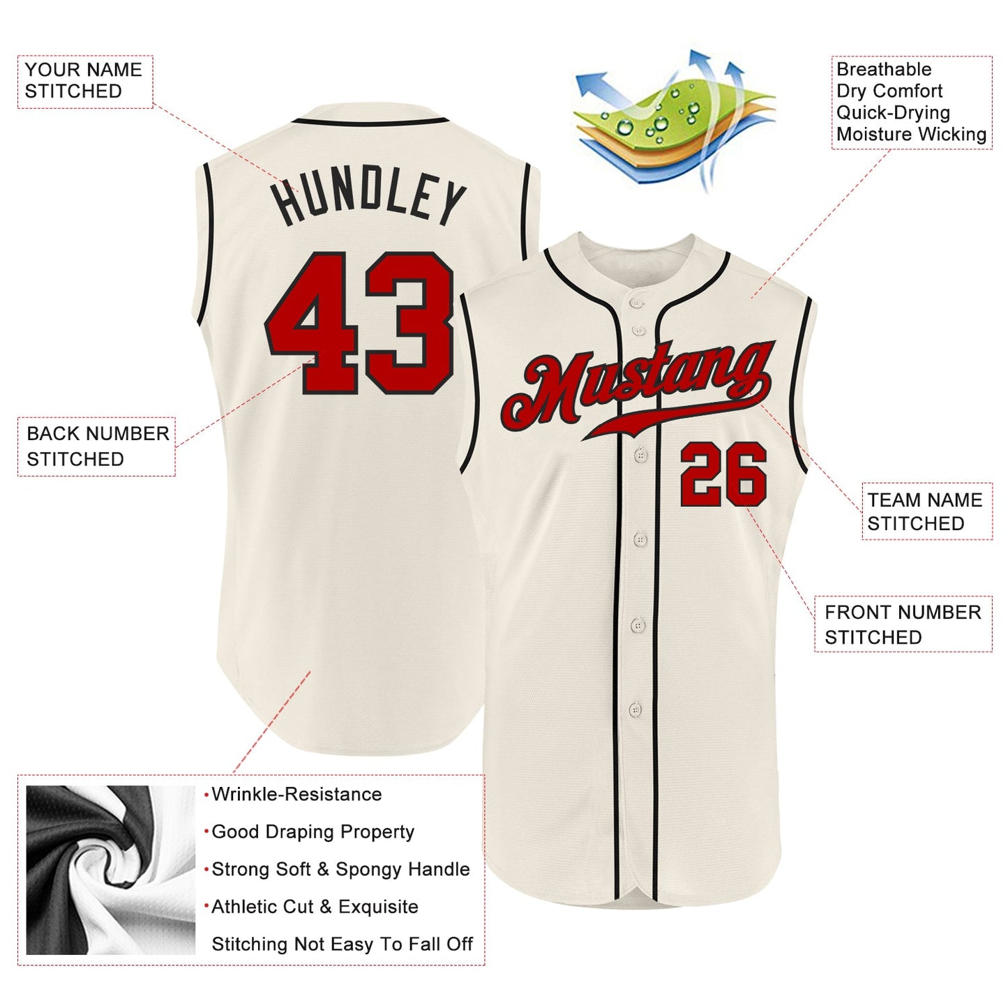 Custom Cream Red-Black Authentic Sleeveless Baseball Jersey - Sky-Custom