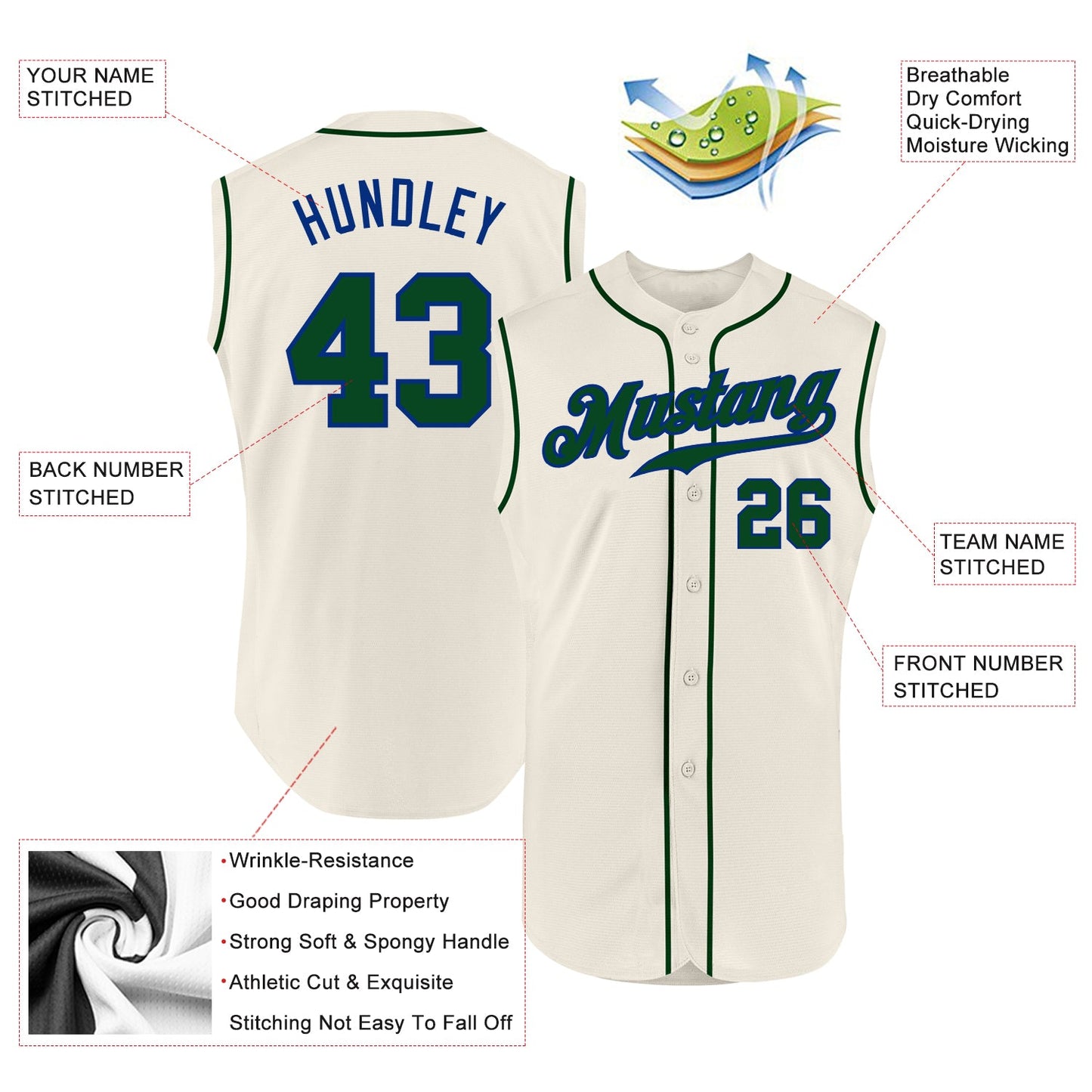 Custom Cream Green-Royal Authentic Sleeveless Baseball Jersey - Sky-Custom