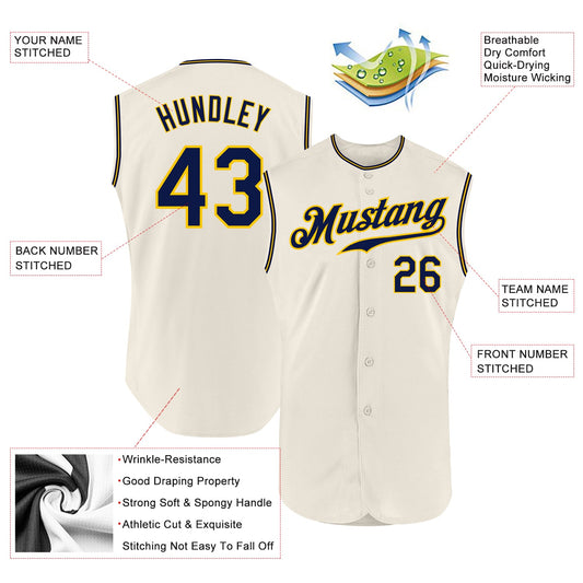 Custom Cream Navy-Gold Authentic Sleeveless Baseball Jersey - Sky-Custom