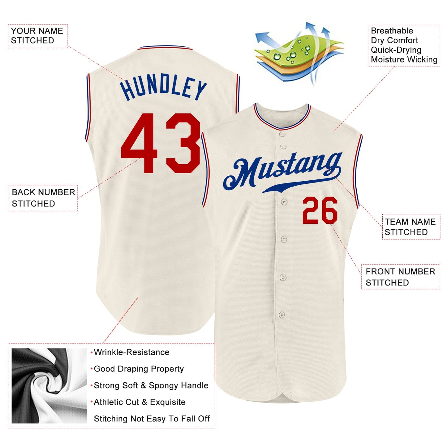 Custom Cream Red-Royal Authentic Sleeveless Baseball Jersey - Sky-Custom