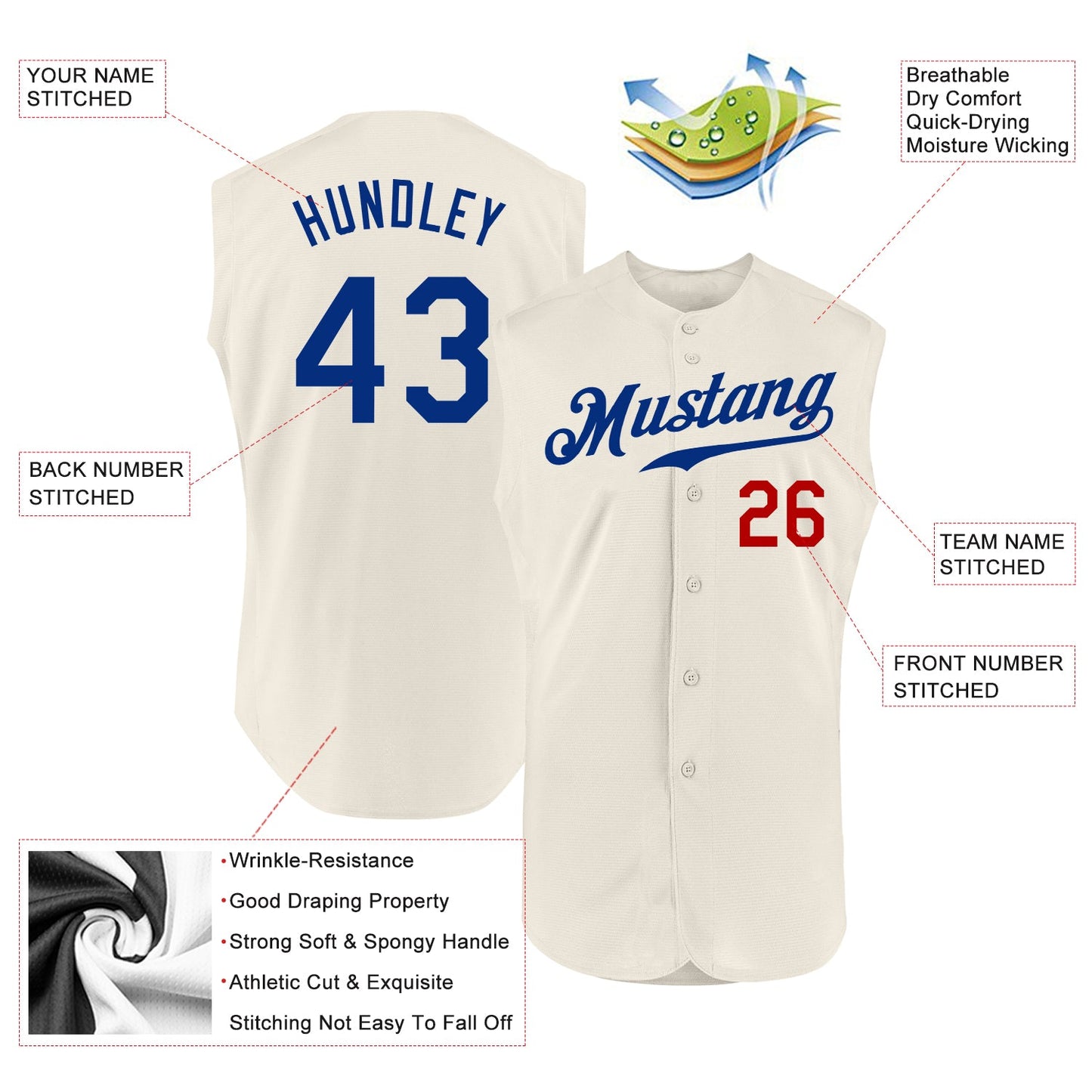 Custom Cream Royal-Red Authentic Sleeveless Baseball Jersey - Sky-Custom