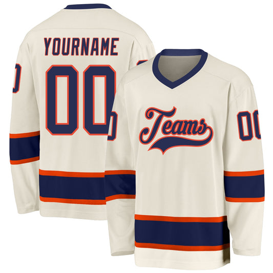 Custom Cream Navy-Orange Hockey Jersey - Sky-Custom