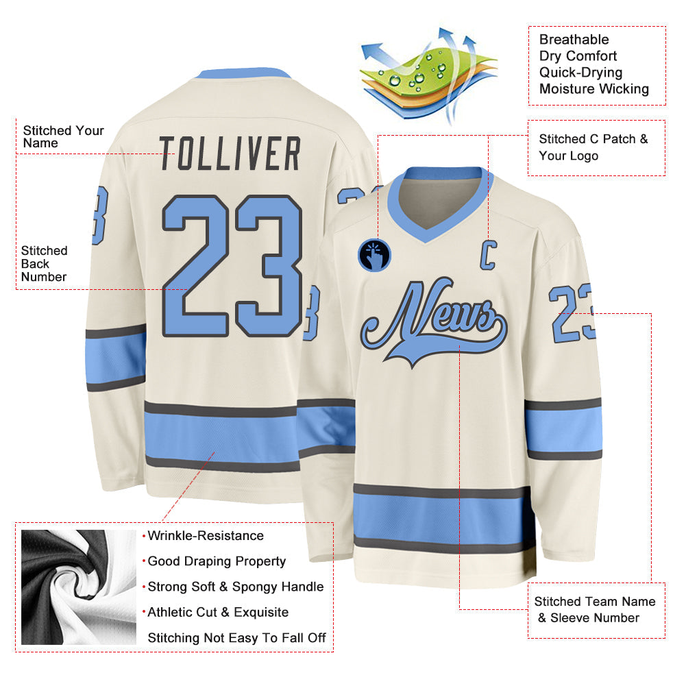 Custom Cream Light Blue-Steel Gray Hockey Jersey - Sky-Custom