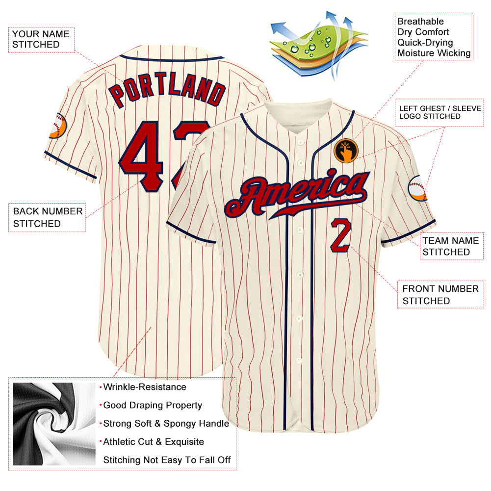 Custom Cream Red Pinstripe Red-Navy Authentic Baseball Jersey - Sky-Custom
