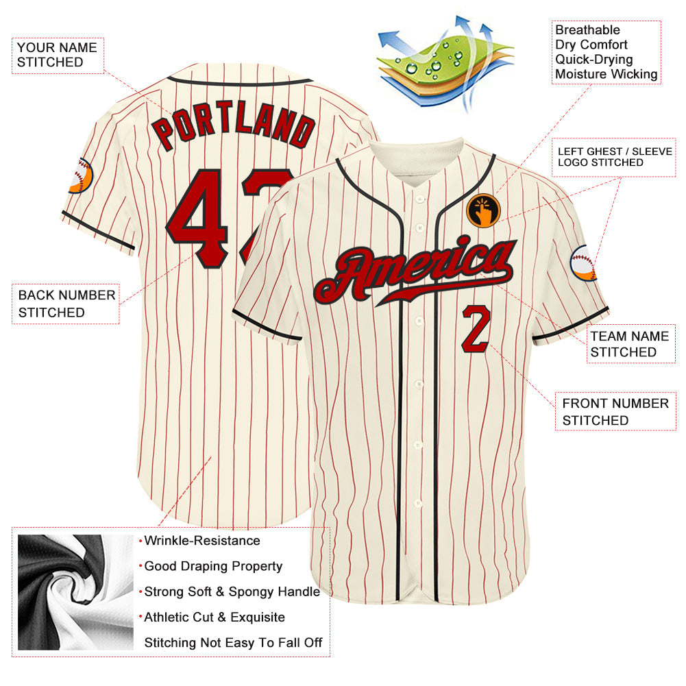Custom Cream Red Pinstripe Red-Black Authentic Baseball Jersey - Sky-Custom