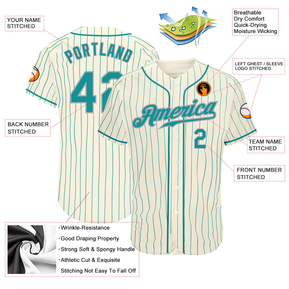 Custom Cream Teal Pinstripe Teal-Gray Authentic Baseball Jersey - Sky-Custom