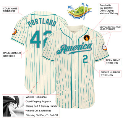 Custom Cream Teal Pinstripe Teal-Gray Authentic Baseball Jersey - Sky-Custom