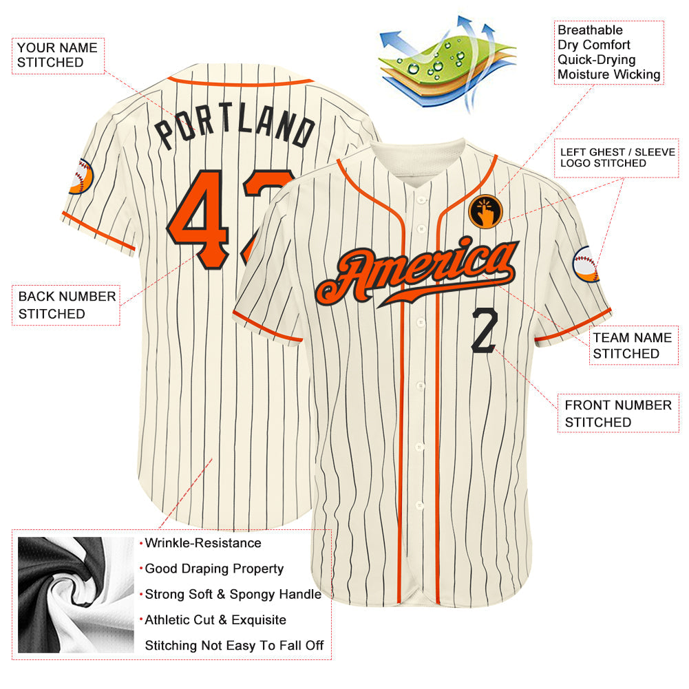 Custom Cream Black Pinstripe Orange-Black Authentic Baseball Jersey - Sky-Custom