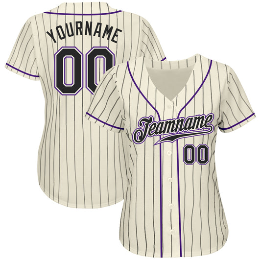Custom Cream Black Pinstripe Black-Purple Authentic Baseball Jersey - Sky-Custom