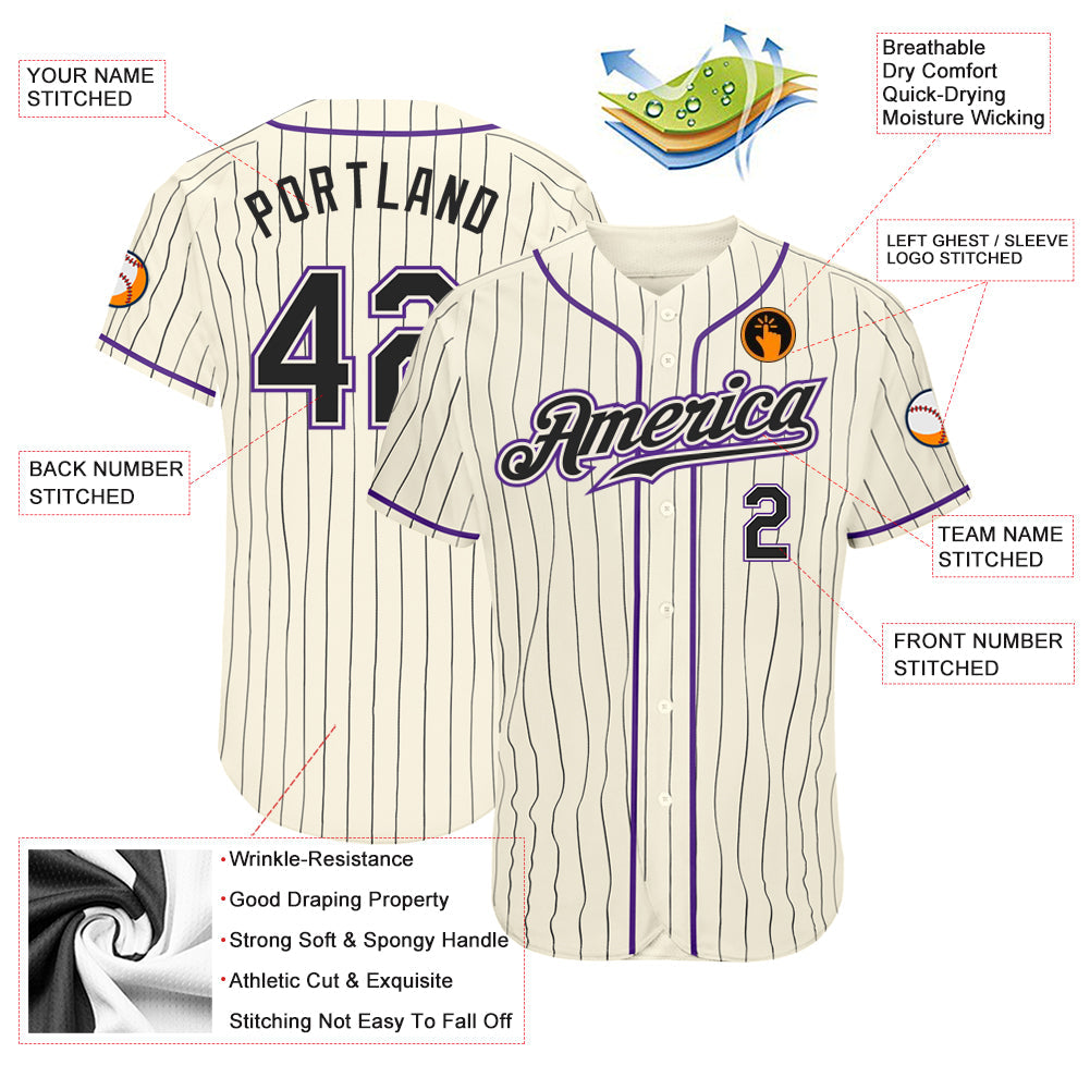 Custom Cream Black Pinstripe Black-Purple Authentic Baseball Jersey - Sky-Custom