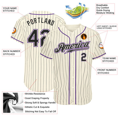 Custom Cream Black Pinstripe Black-Purple Authentic Baseball Jersey - Sky-Custom