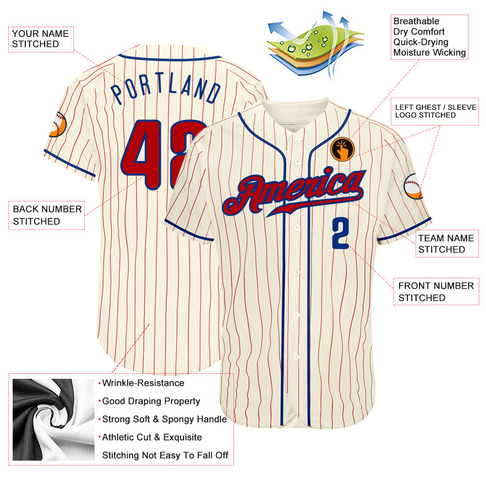 Custom Cream Red Pinstripe Red-Royal Authentic Baseball Jersey - Sky-Custom