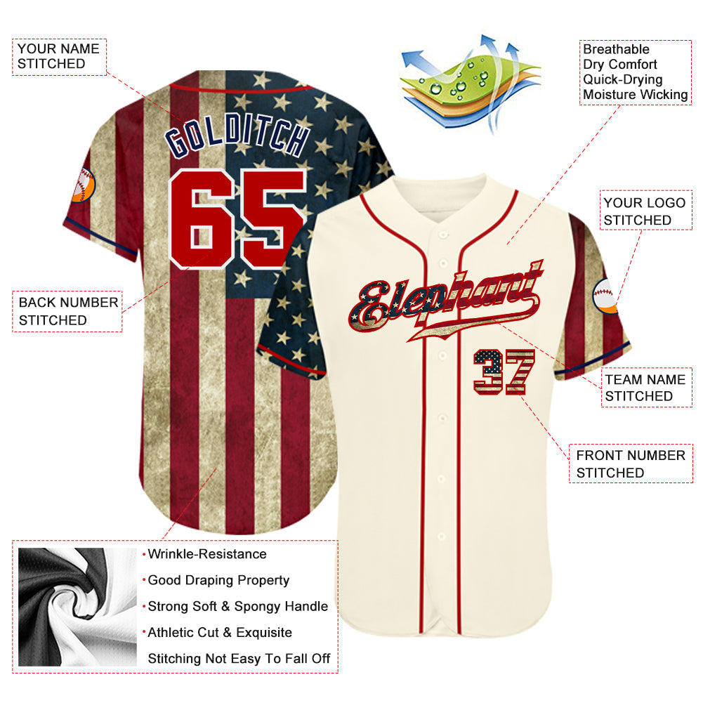 Custom Cream Red-Navy 3D American Flag Authentic Baseball Jersey - Sky-Custom