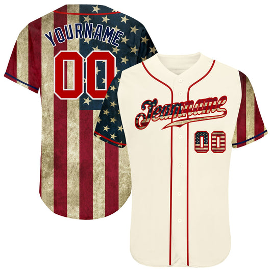 Custom Cream Red-Navy 3D American Flag Authentic Baseball Jersey - Sky-Custom