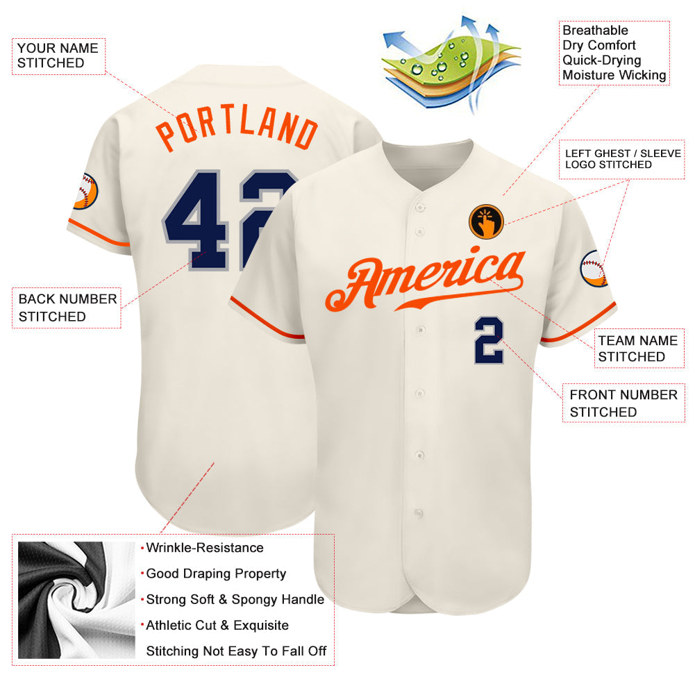 Custom Cream Navy-Orange Authentic Baseball Jersey - Sky-Custom