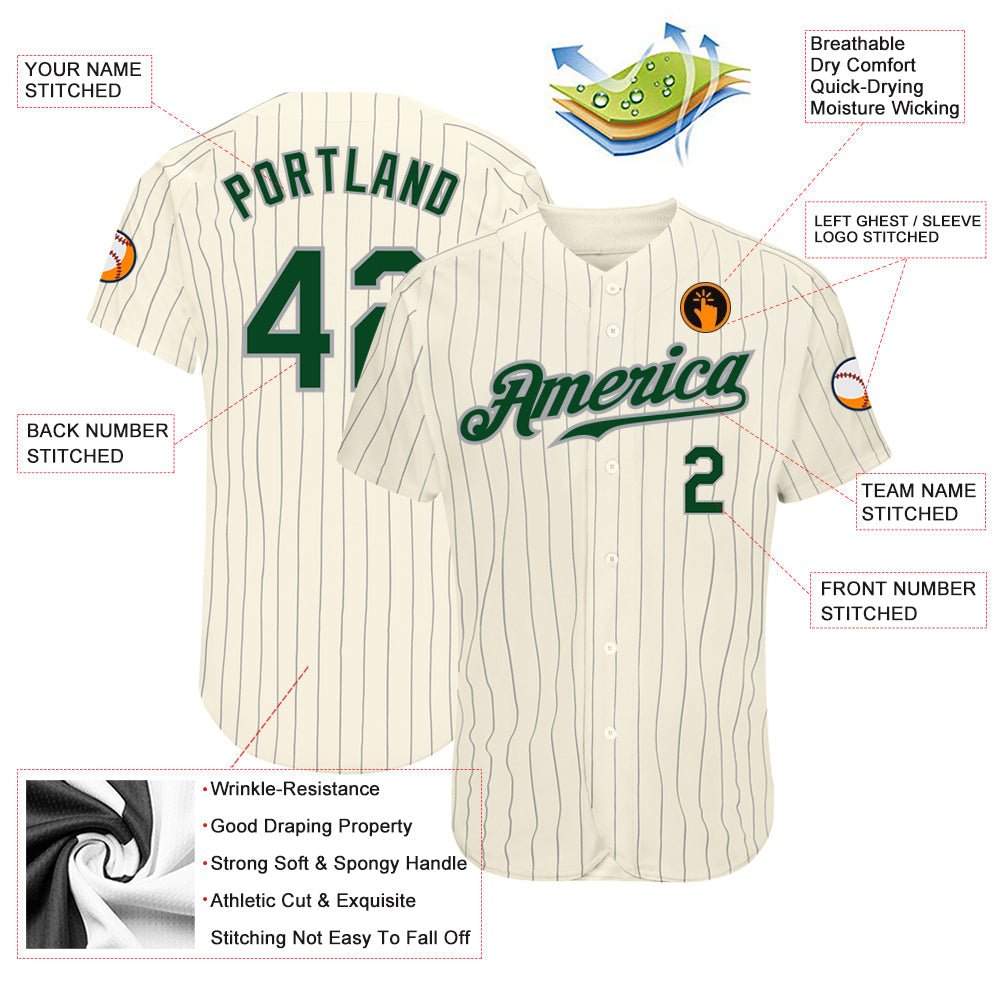 Custom Cream Gray Pinstripe Green-Gray Authentic Baseball Jersey - Sky-Custom