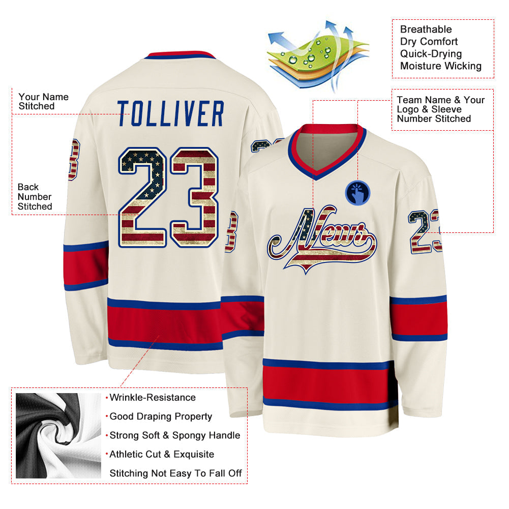 Custom Cream Vintage USA Flag Royal-Red Hockey Jersey - Sky-Custom