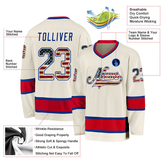 Custom Cream Vintage USA Flag Royal-Red Hockey Jersey - Sky-Custom