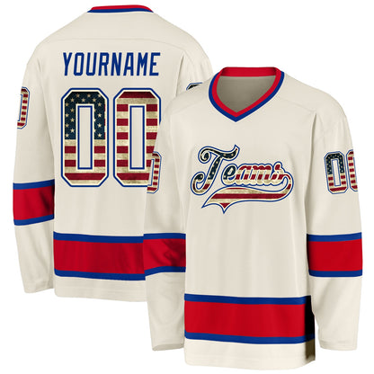 Custom Cream Vintage USA Flag Royal-Red Hockey Jersey - Sky-Custom