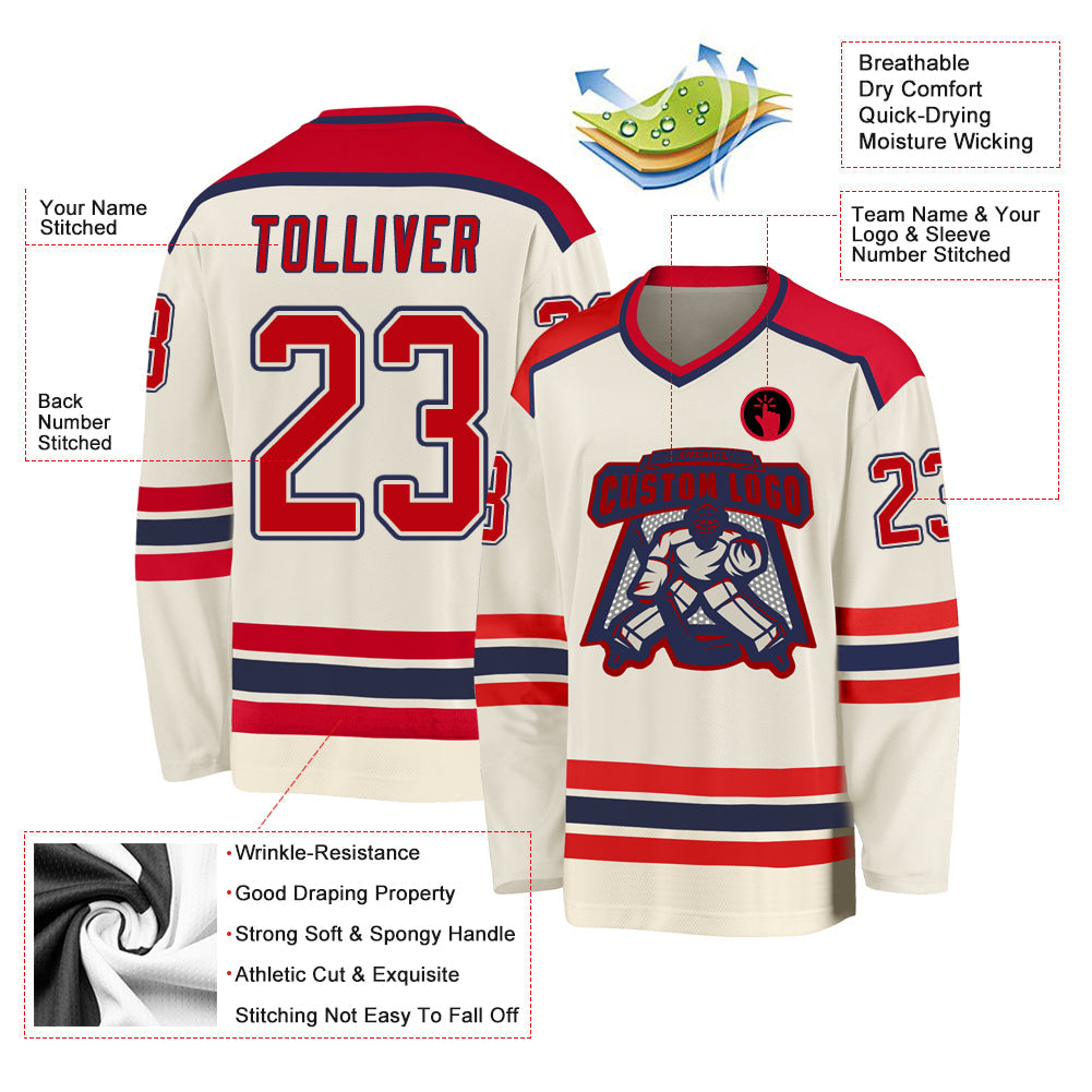 Custom Cream Red-Navy Hockey Jersey - Sky-Custom